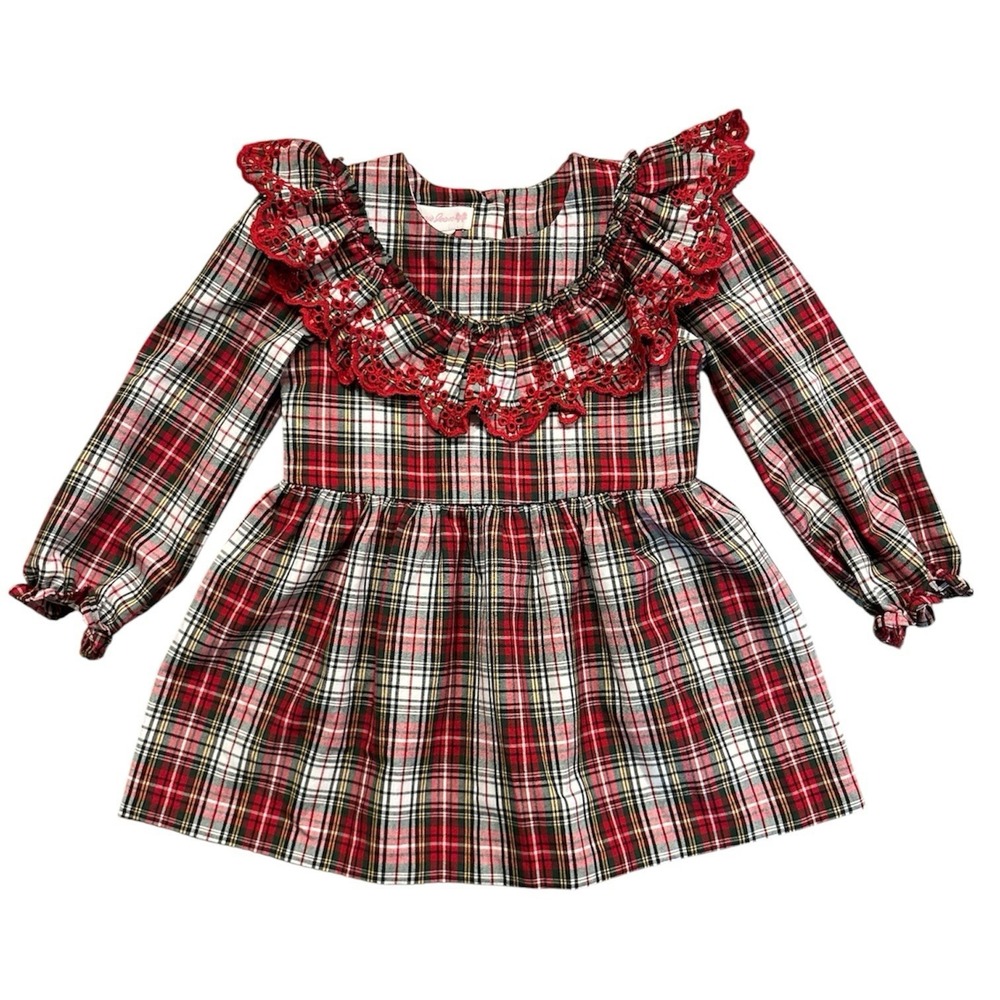 Bonnie Jean Girls Red Plaid Holiday Christmas Dress Ruffle Lace Collar Size 4